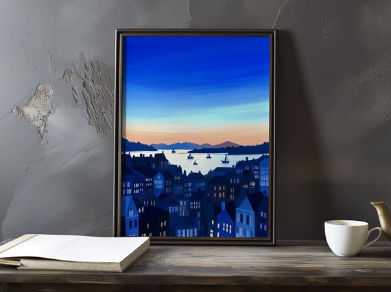 Coastal Town Rooftops at Dusk with Sailboats on Blue Sky Poster