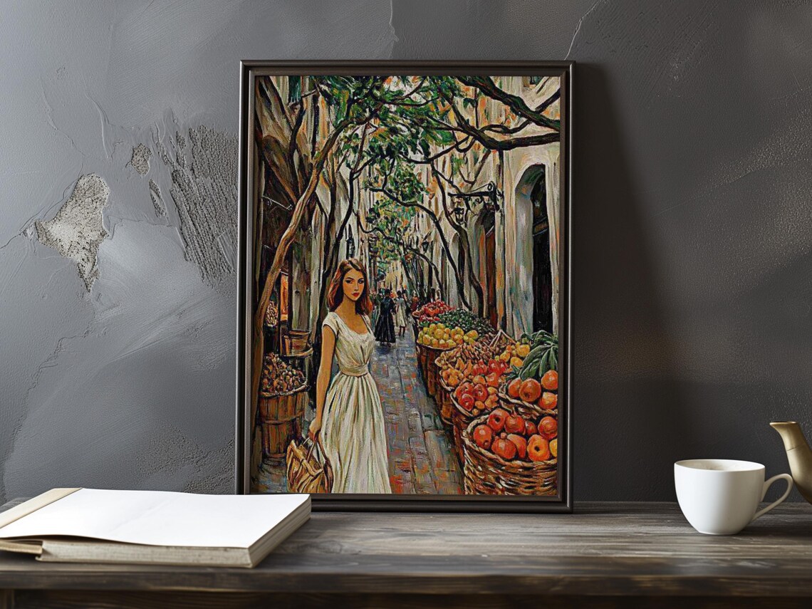 Woman In White Dress At Fruit Market Alley Stalls In Provence Poster