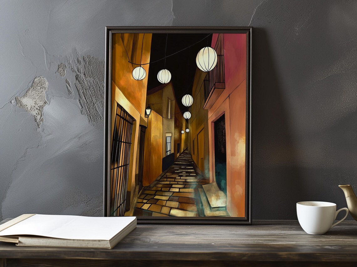 Golden Alley at Night Hanging Paper Lanterns Impressionist Poster