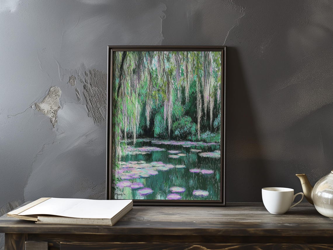 Claude Monet Water Lilies Under Green Willow Canopy Garden Poster