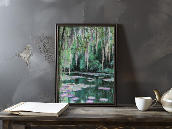 Claude Monet Water Lilies Under Green Willow Canopy Garden Poster