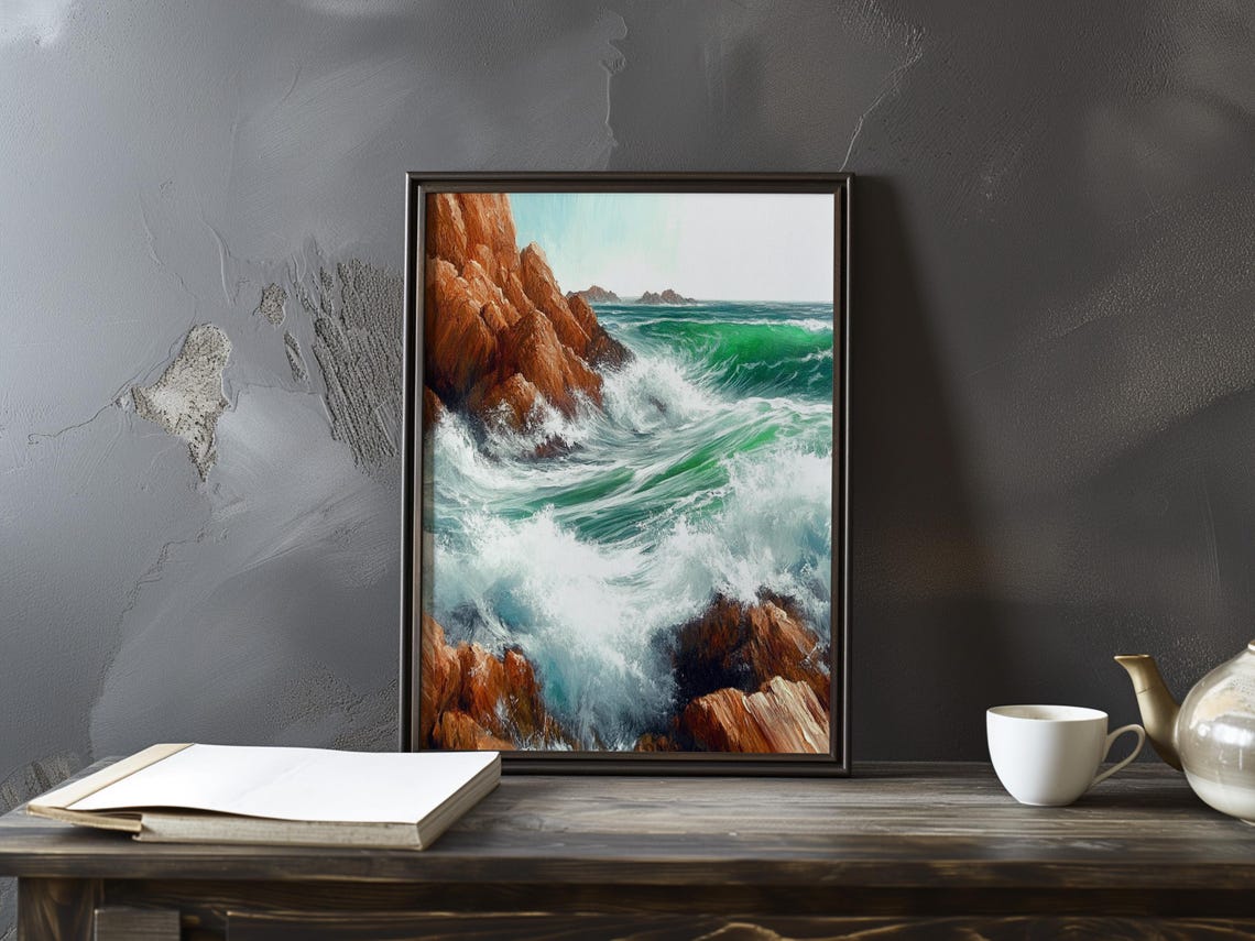 Emerald Green Wave Crashing Against Red Coastal Cliffs Poster