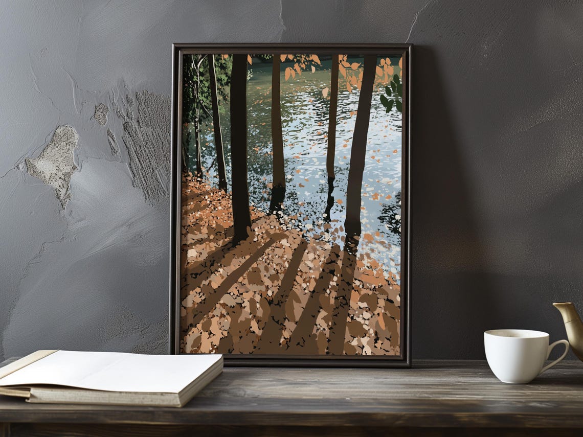 Autumn Lake Shore with Fallen Leaves and Tree Reflections Poster