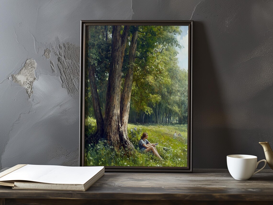 Woman Reading Alone In The Tall Grass Under Old Oak Trees Poster