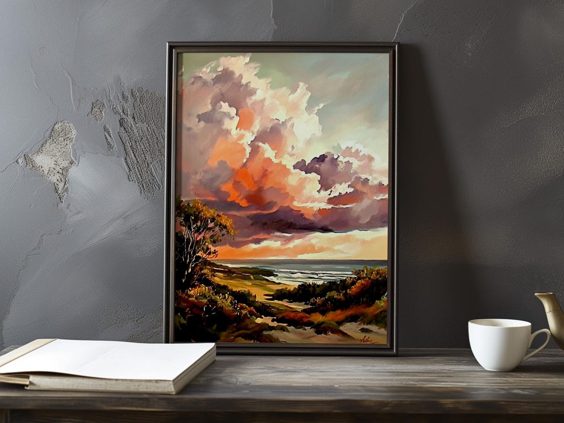 Fiery Orange Clouds Over a Coastal Dune Bay at Sunset Poster