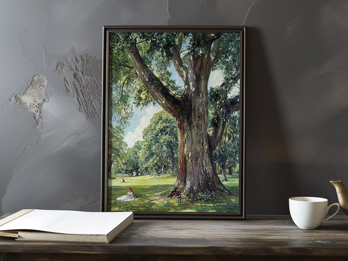 Woman In A White Dress Sitting Under A Massive Oak Tree Poster