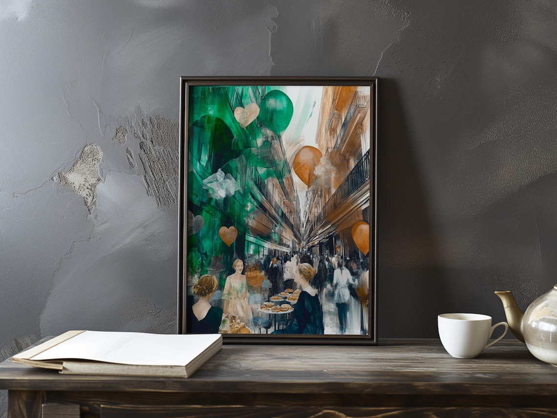 Manet Inspired Parisian Cafe Terrace with Colorful Balloons Poster