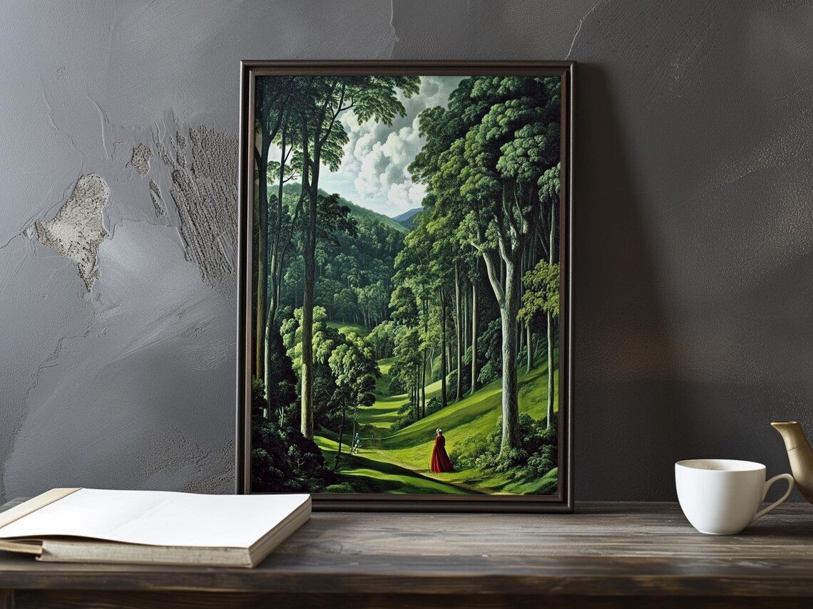Lone Figure In A Red Cloak Crossing A Sunlit Forest Valley Poster