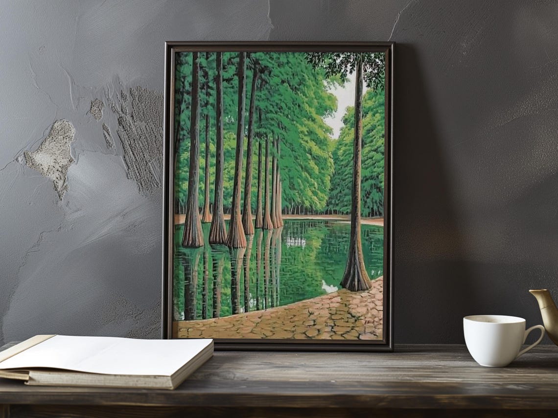 Stately Cypress Trees Reflected in a Tranquil Green Lake Poster