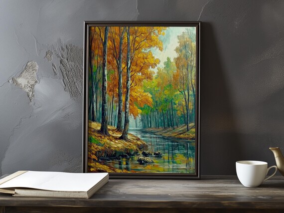 Golden Autumn Woodland Along a Winding Stream Painting Poster