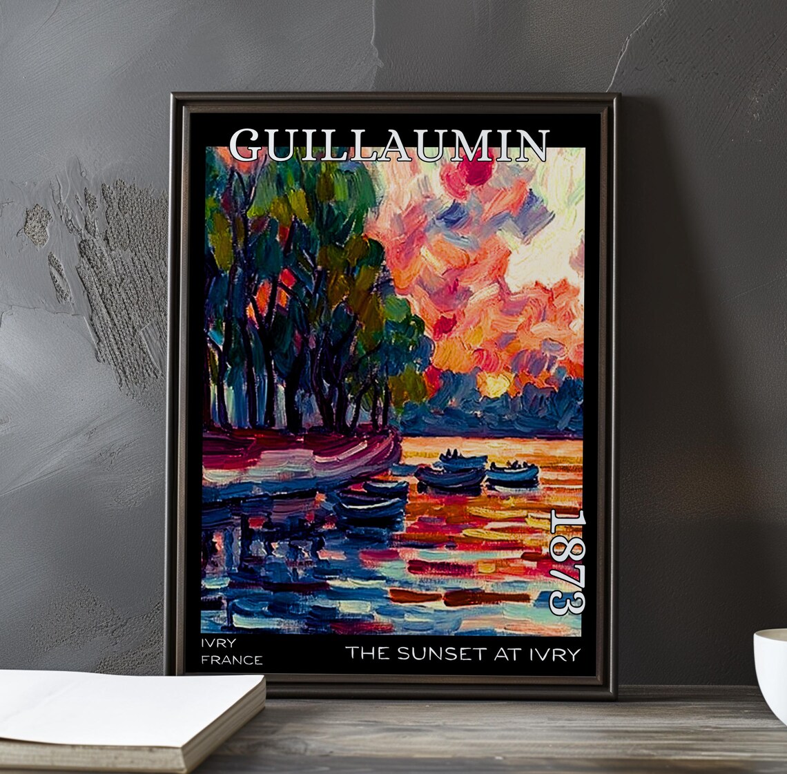 The Sunset at Ivry 1873 France Red Sky Fauvist Boats Scene Poster