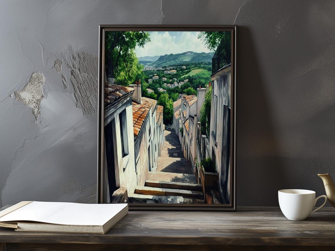 Narrow Stepped Alley Overlooking A Green Valley And Mountains Poster