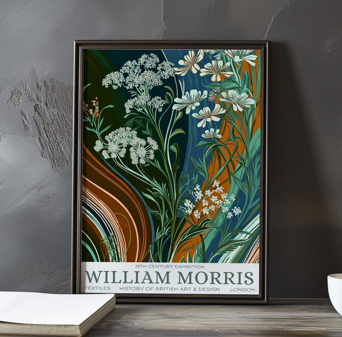 William Morris White Wildflowers Copper Swirl Exhibition Poster