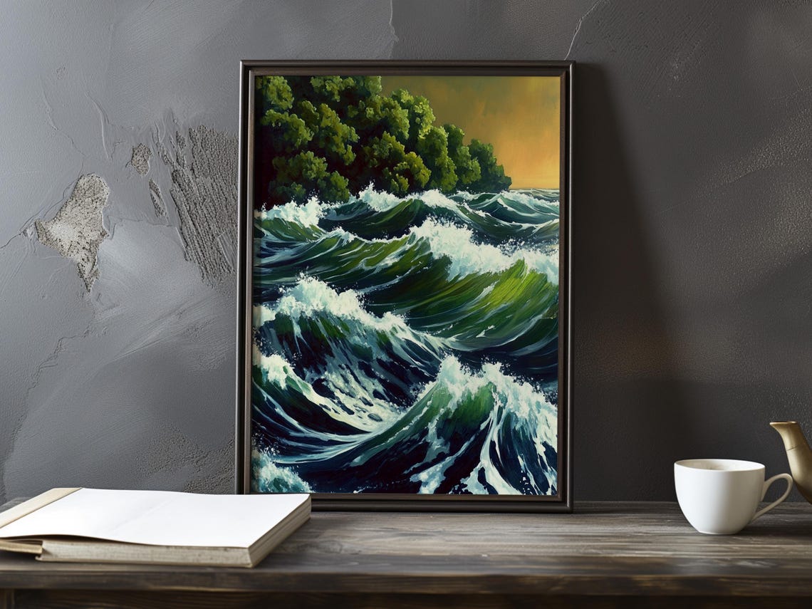 Dramatic Stormy Seascape with Towering Green Waves Art Poster
