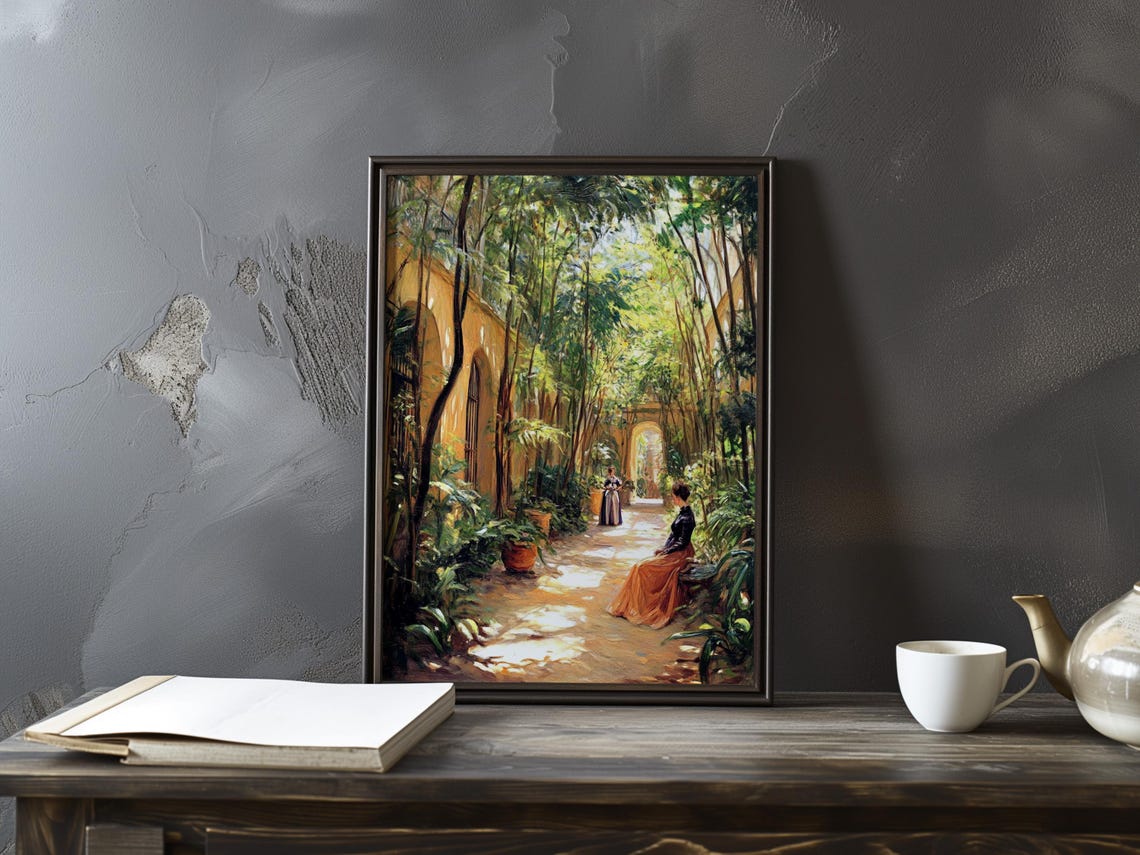 Sunlit Bamboo Courtyard Walkway With Figures Impressionist Art Poster