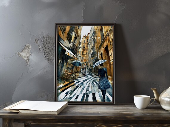 Woman with Umbrella on a Rainy Cobblestone Street Impressionist Art Poster