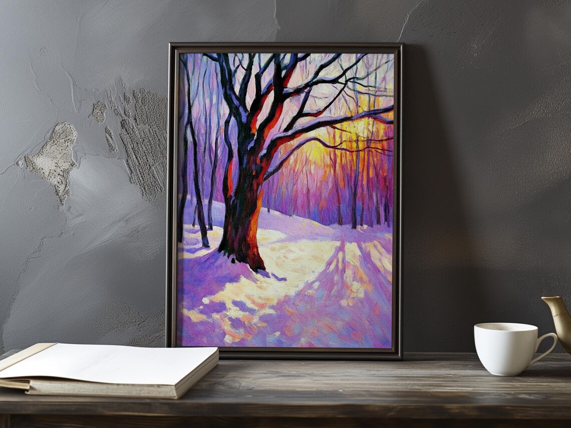 Big Oak Tree Glowing In A Purple And Orange Winter Sunset Poster