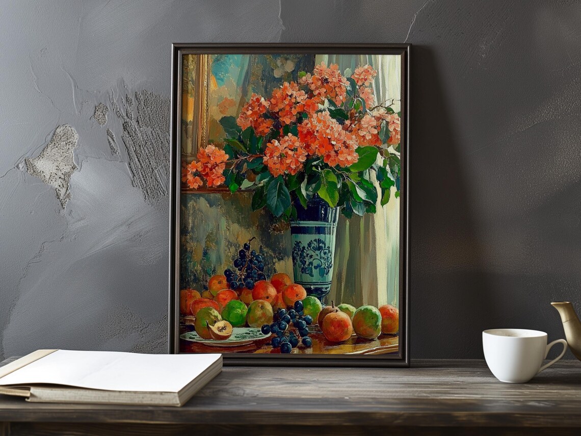 Coral Hydrangeas Blue Patterned Vase Grapes Peaches Still Life Poster