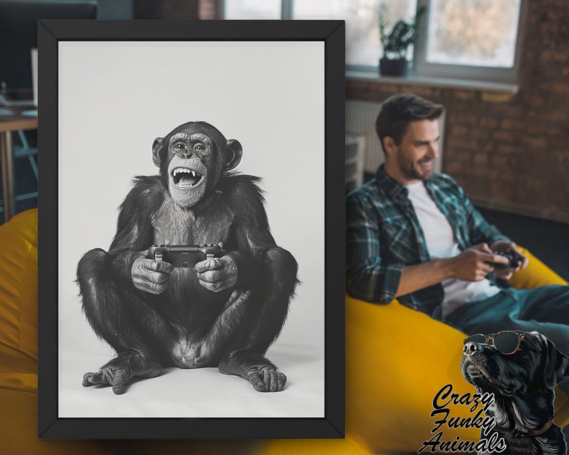 Laughing Chimpanzee Gamer Holding a Game Controller Funny Poster - Image 2