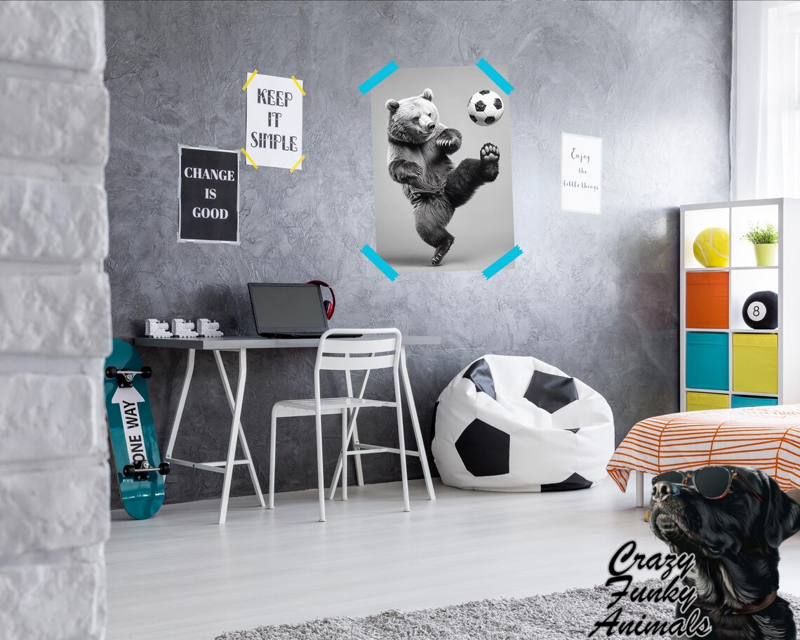 Bear Playing Soccer, Humorous Animal Art Print - Image 2