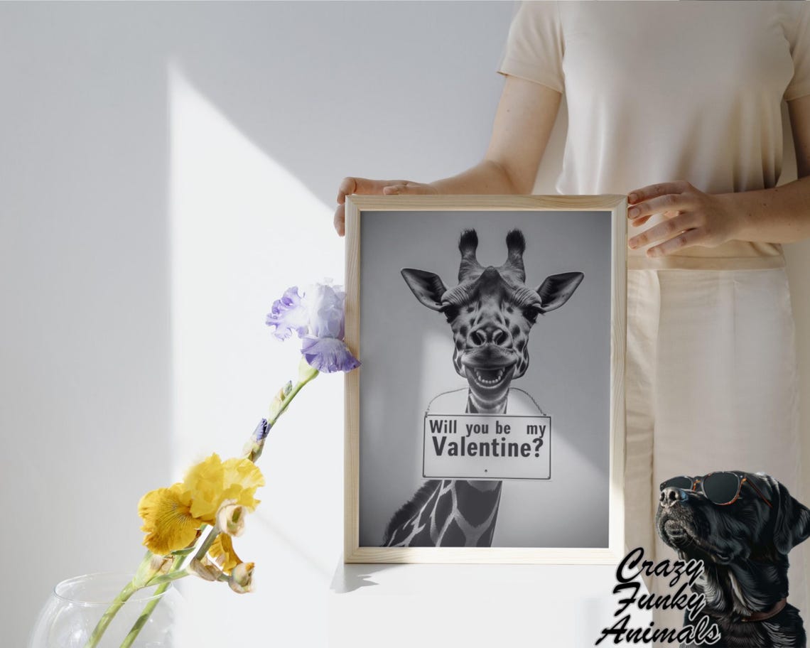Smiling Giraffe Holding Will You Be My Valentine Sign Funny Poster - Image 3