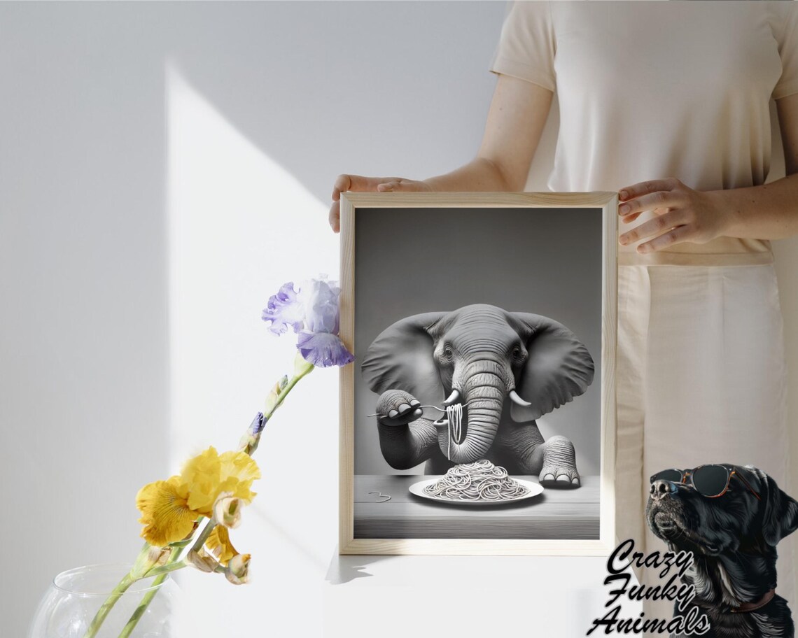 Funny Elephant With Spaghetti, Humorous Kitchen Art Print - Image 3