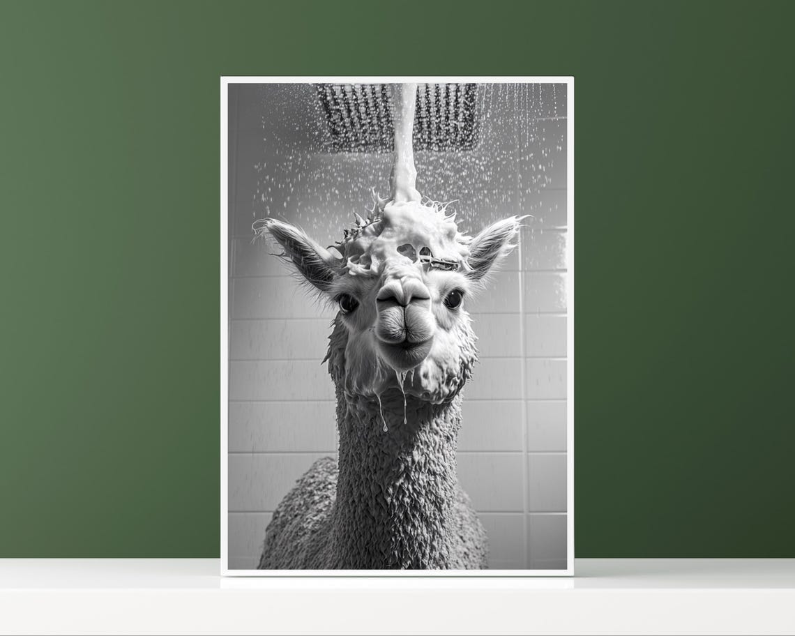 Funny Alpaca Under the Shower with Soap Suds Bathroom Poster - Image 2