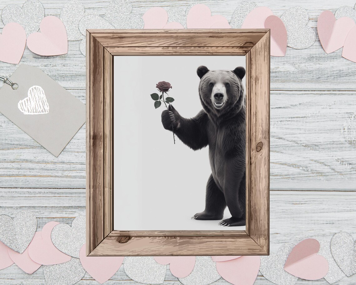 Bear Standing and Holding a Red Rose Romantic Black and White Poster