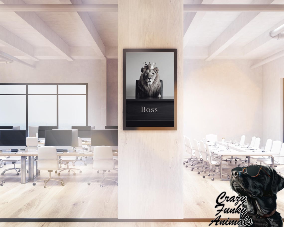 Funny Lion Wearing a Crown as the Boss Behind a Desk Office Poster - Image 2