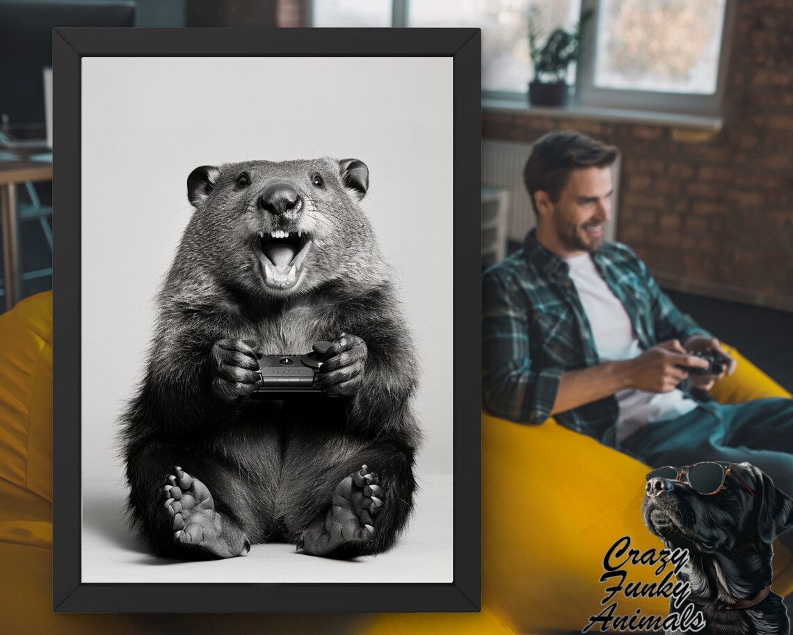 Funny Beaver Poster Beaver With Controller Gamer Gift Humorous Animal Art Wall Decor For Gaming Rooms - Image 3