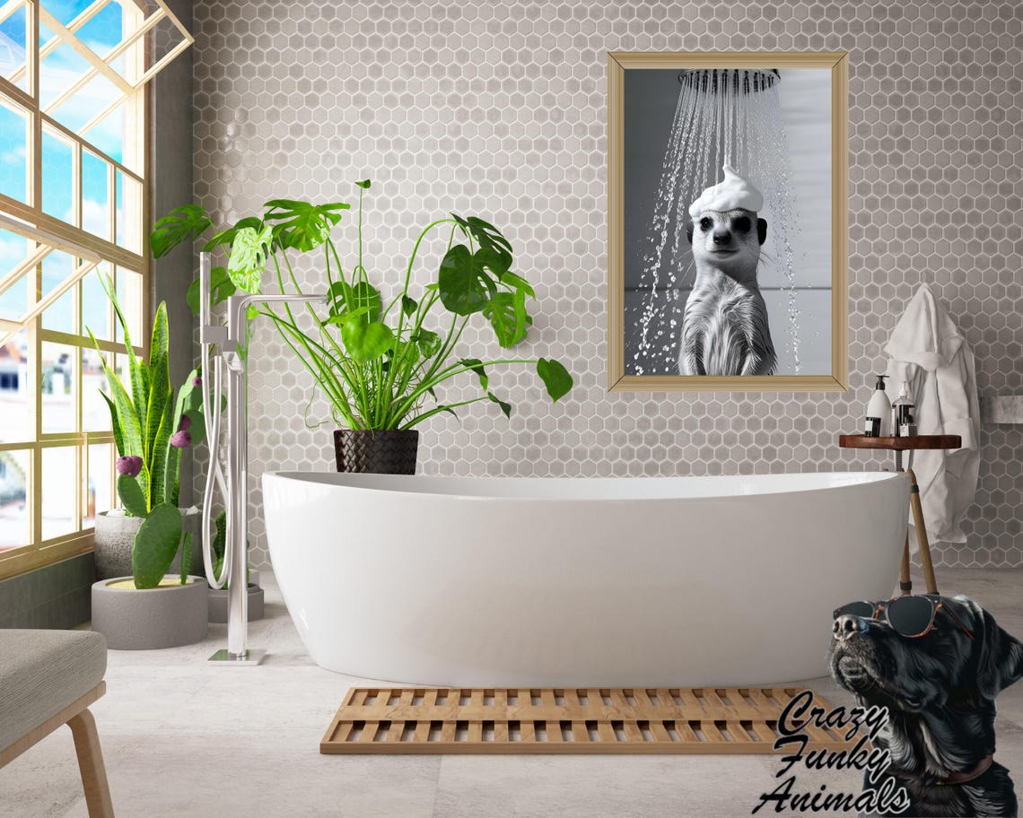 Meerkat Taking a Shower With Soap Foam Funny Bathroom Poster - Image 3