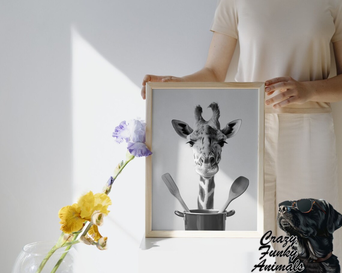Giraffe Head over a Cooking Pot with Wooden Spoons Funny Kitchen Poster - Image 3