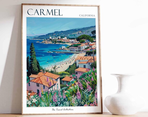 Carmel California Travel Poster Coastal Town Beach Flowers Painting