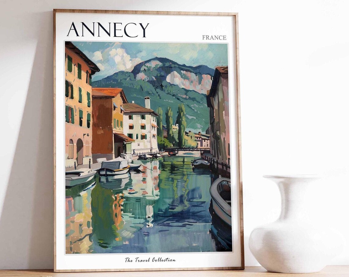 Annecy France Travel Poster Old Town Canal Boats Mountain View Art
