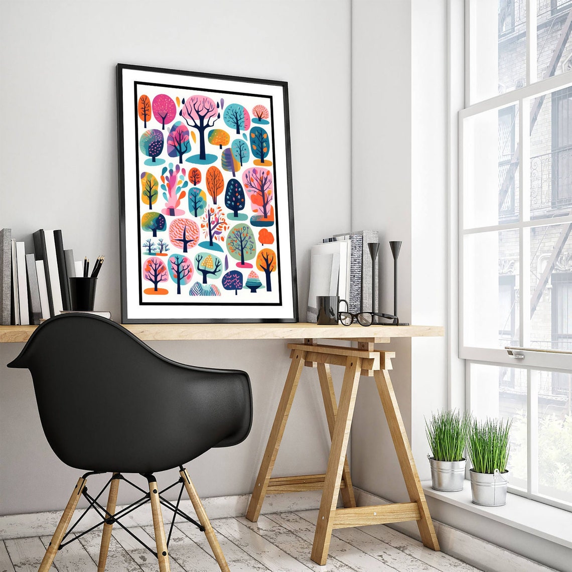Colorful Stylized Tree Collection Scandinavian Folk Art Poster - Image 3