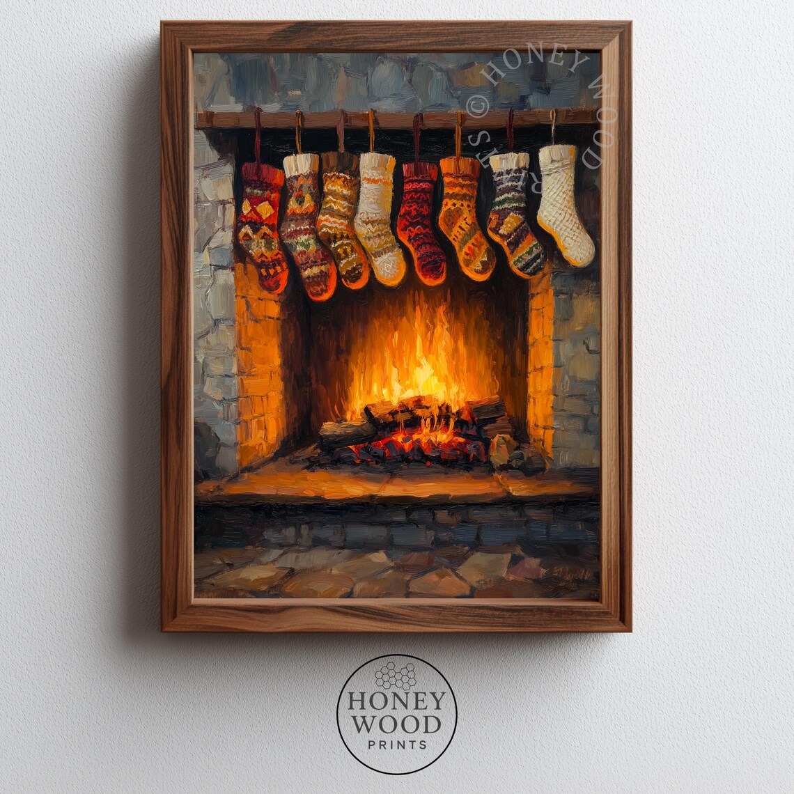 Cozy Christmas Stockings Over Stone Fireplace Oil Painting Poster