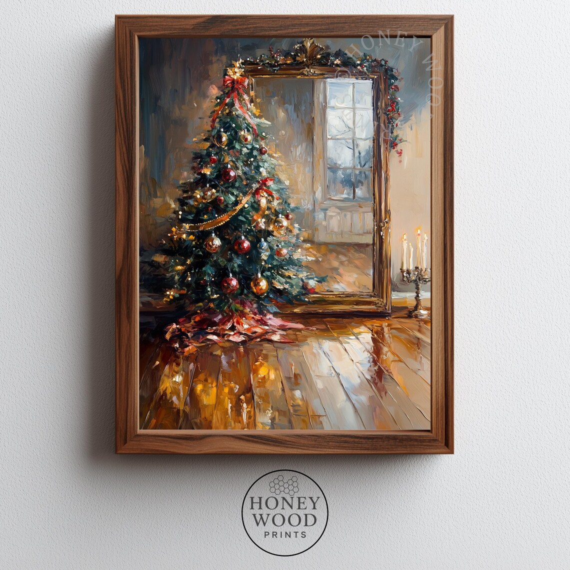 Christmas Tree by Gilded Mirror Candlelight Vintage Oil Painting Poster