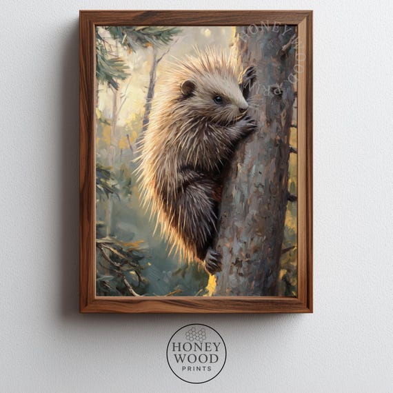 Porcupine Climbing Sunlit Pine Trunk Cozy Rustic Wildlife Art Forest Print Nature Decor Warm Mood 28