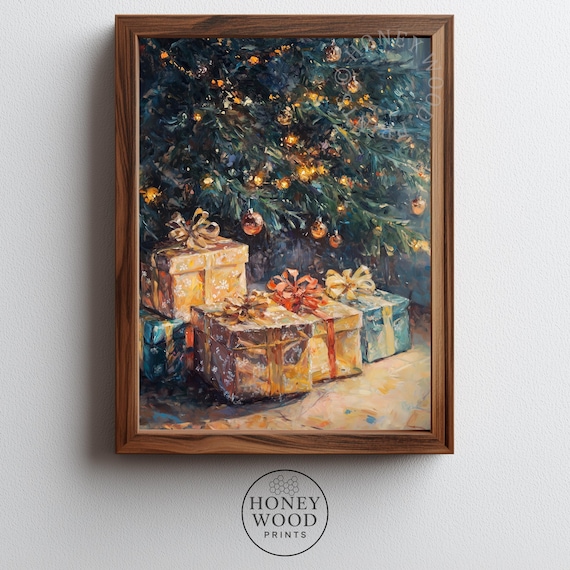Vintage Christmas Gifts Under Evergreen Tree Oil Painting Poster
