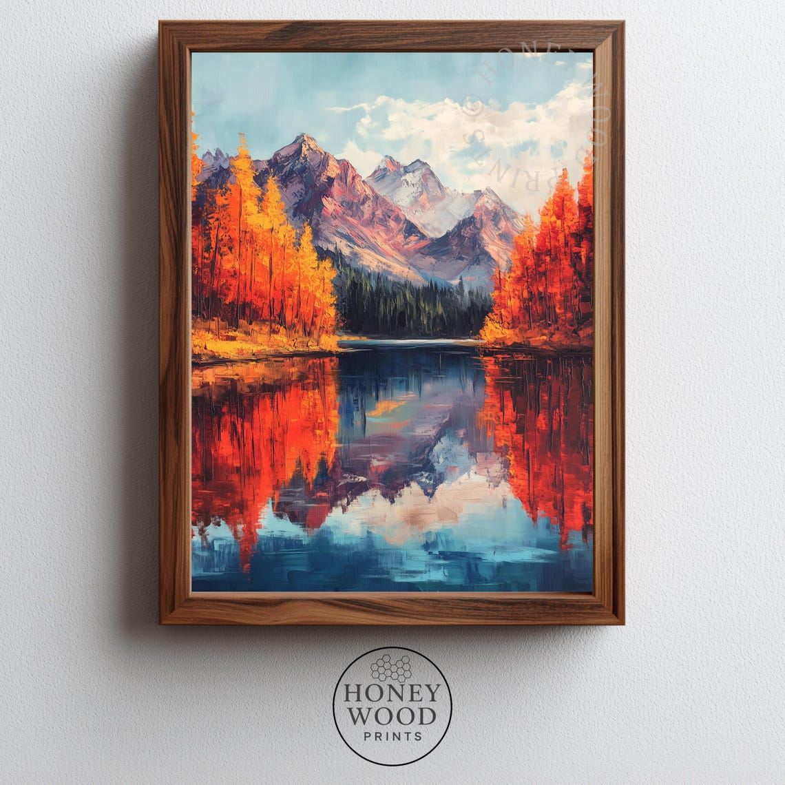 Autumn Mountain Lake Reflection Vivid Fall Foliage Painting Poster