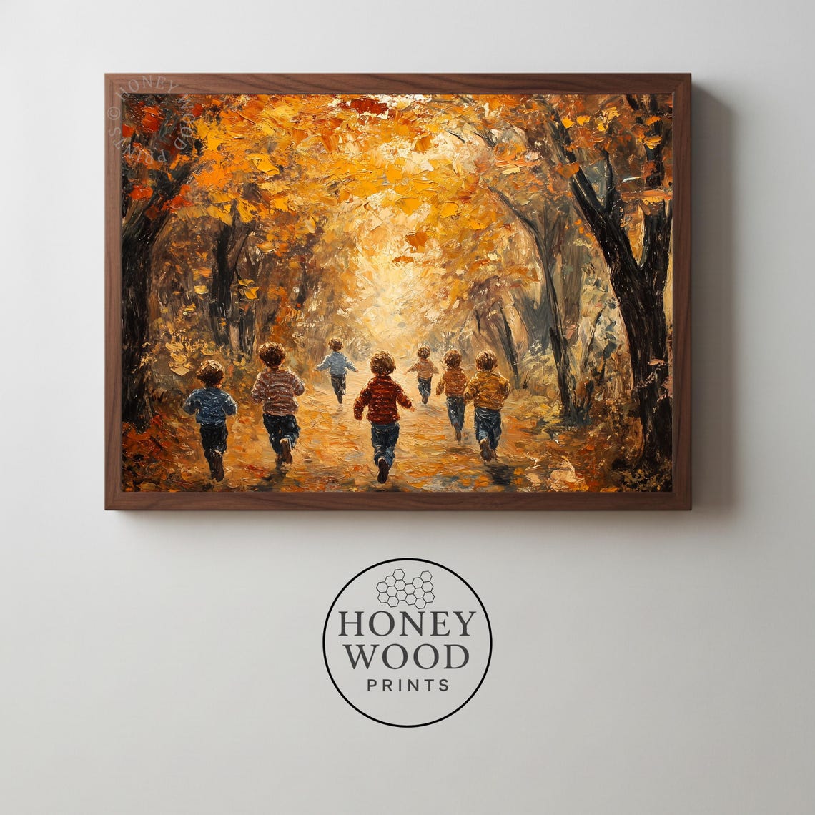 Children Running Down Autumn Maple Path Golden Fall Oil Painting Print