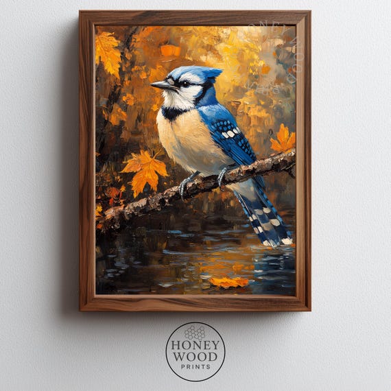 Rustic Autumn Blue Jay Painting Fall Bird Art Cozy Nature Decor With Golden Foliage Vibrant Creek Scene 266