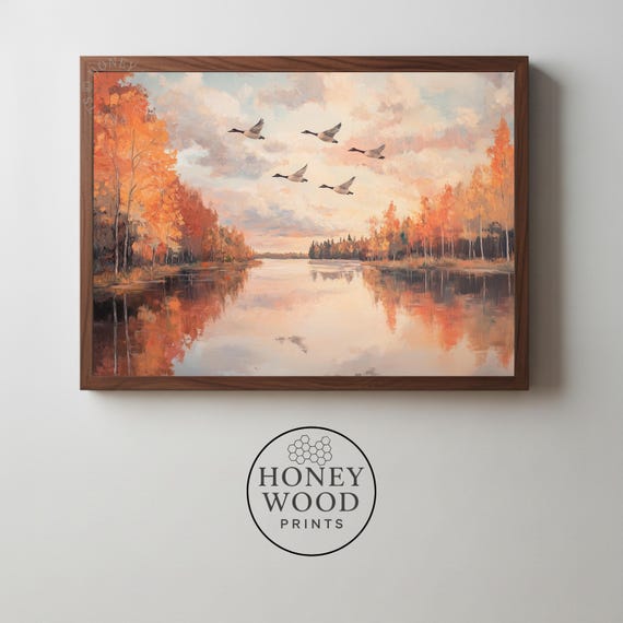 Rustic Geese In Flight Over Tranquil Lake Cozy Autumn Landscape Art Peaceful Nature Scene Wall Decor 34