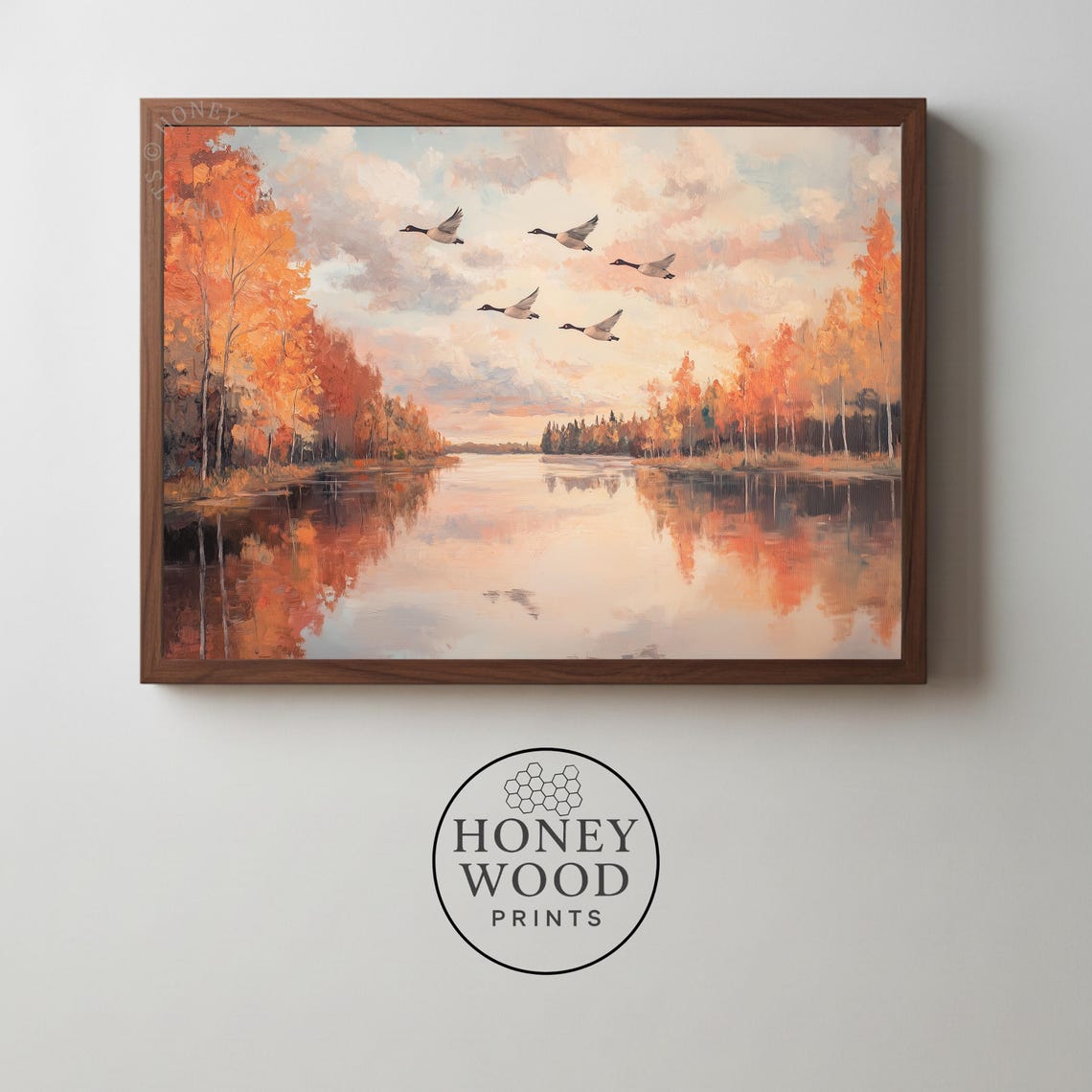 Autumn Lake Geese In Flight Oil Painting Fall Foliage Reflection Wall Art