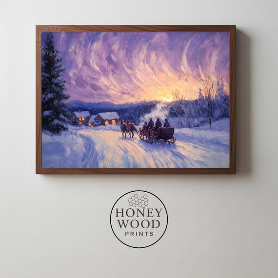 Vintage Horsedrawn Sleigh Ride In Snowy Countryside Cozy Winter Scene Wall Art Serene Sunset 22