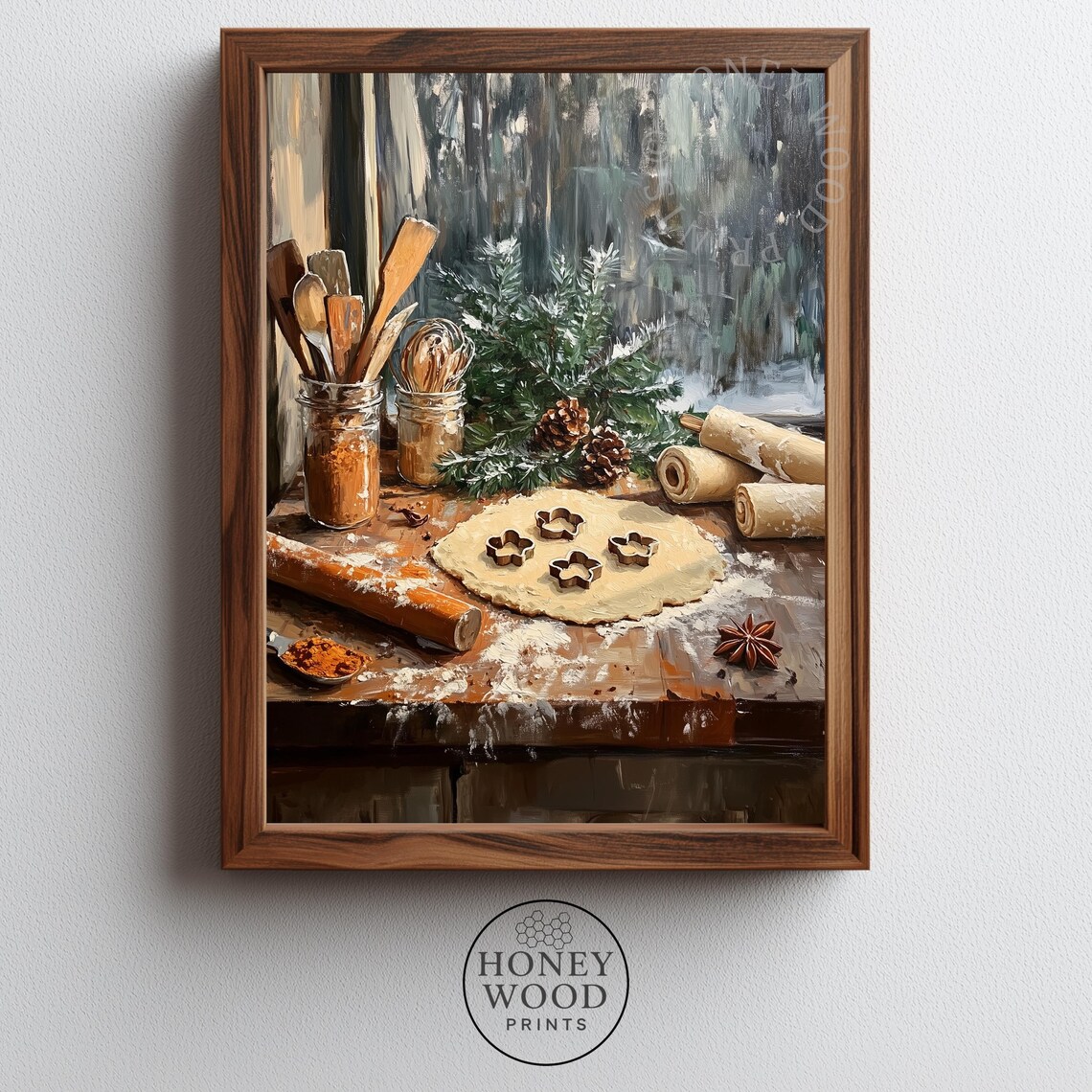Cozy Christmas Cookie Baking Kitchen Scene Farmhouse Holiday Poster