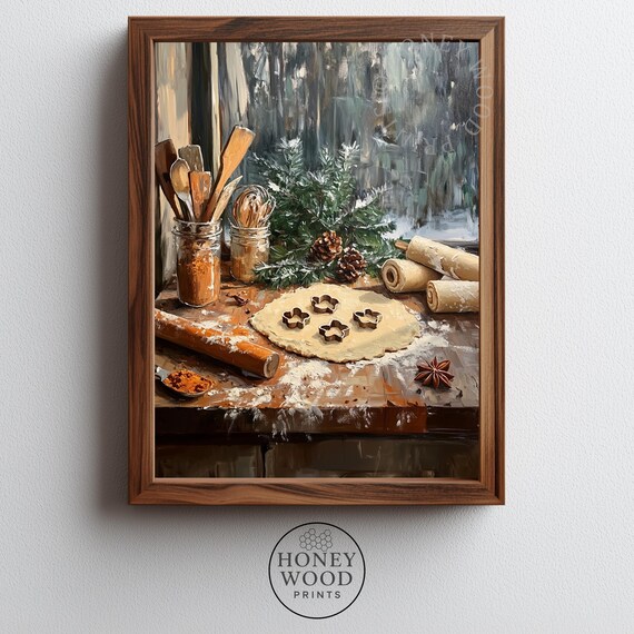 Cozy Christmas Cookie Baking Kitchen Scene Farmhouse Holiday Poster