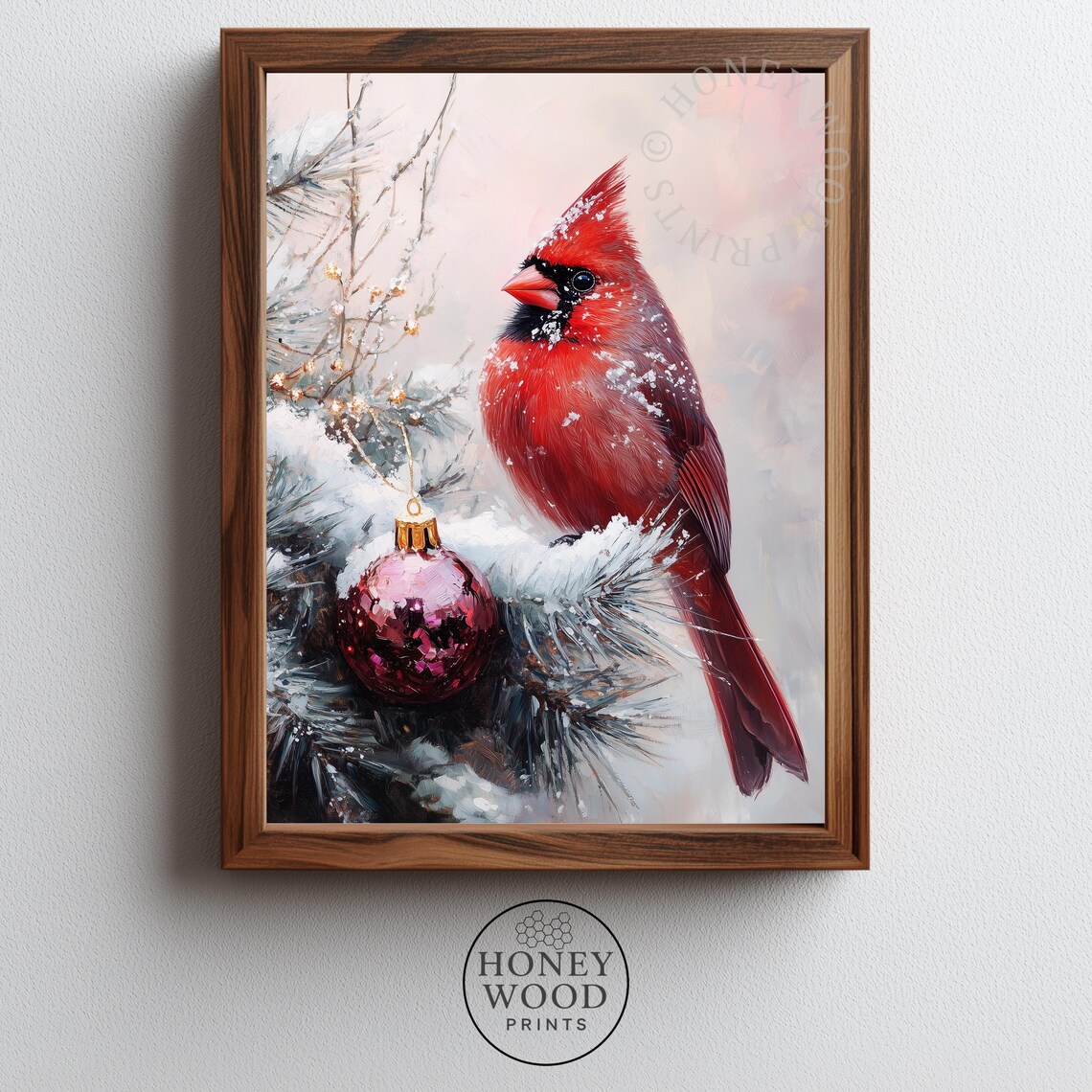 Red Cardinal in Snowy Winter Festive Rustic Holiday Painting Poster