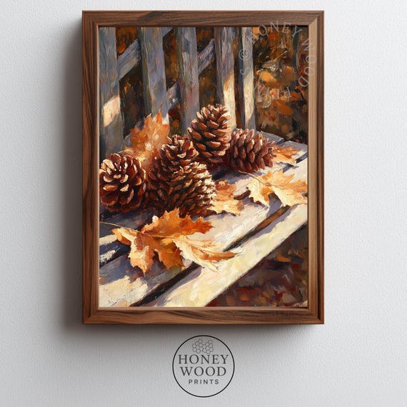 Pinecones and Autumn Leaves on Fence Still Life Fall Harvest Art Poster