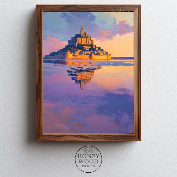 Mont Saintmichel Painting Moody Seaside Sunset Romantic Coastal Landscape Art Dreamy Golden Hour Decor 253
